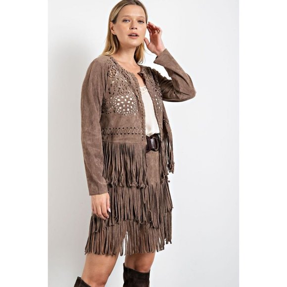 easel Jackets & Coats Easel Mocha Faux Suede Rounded Neckline